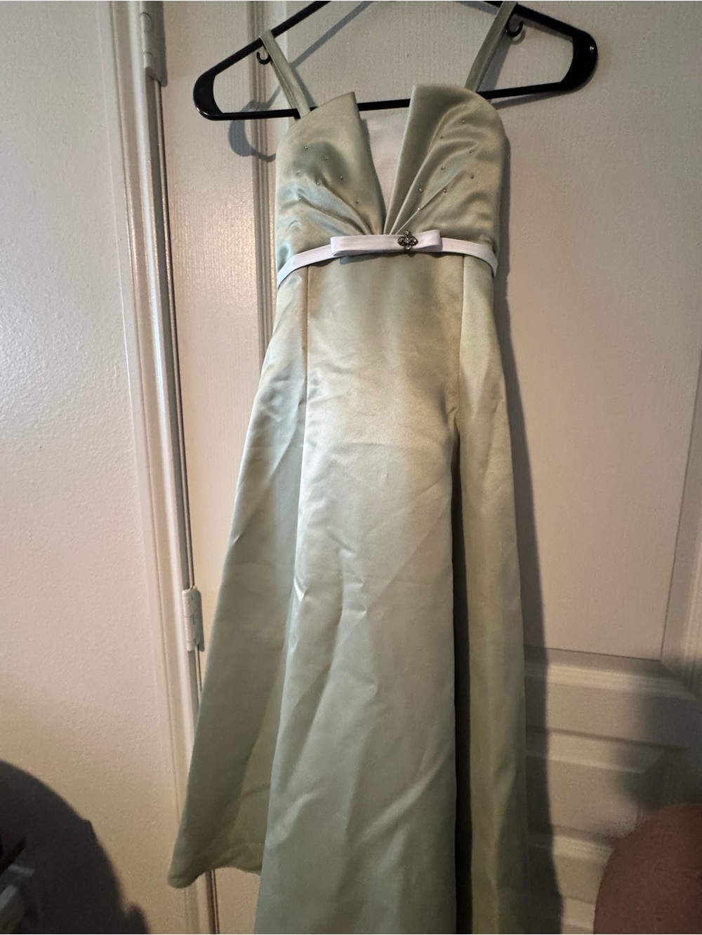 Girls vintage Bui Yah Kah Satin Prom / Bridesmaid Dress in a soft sage green